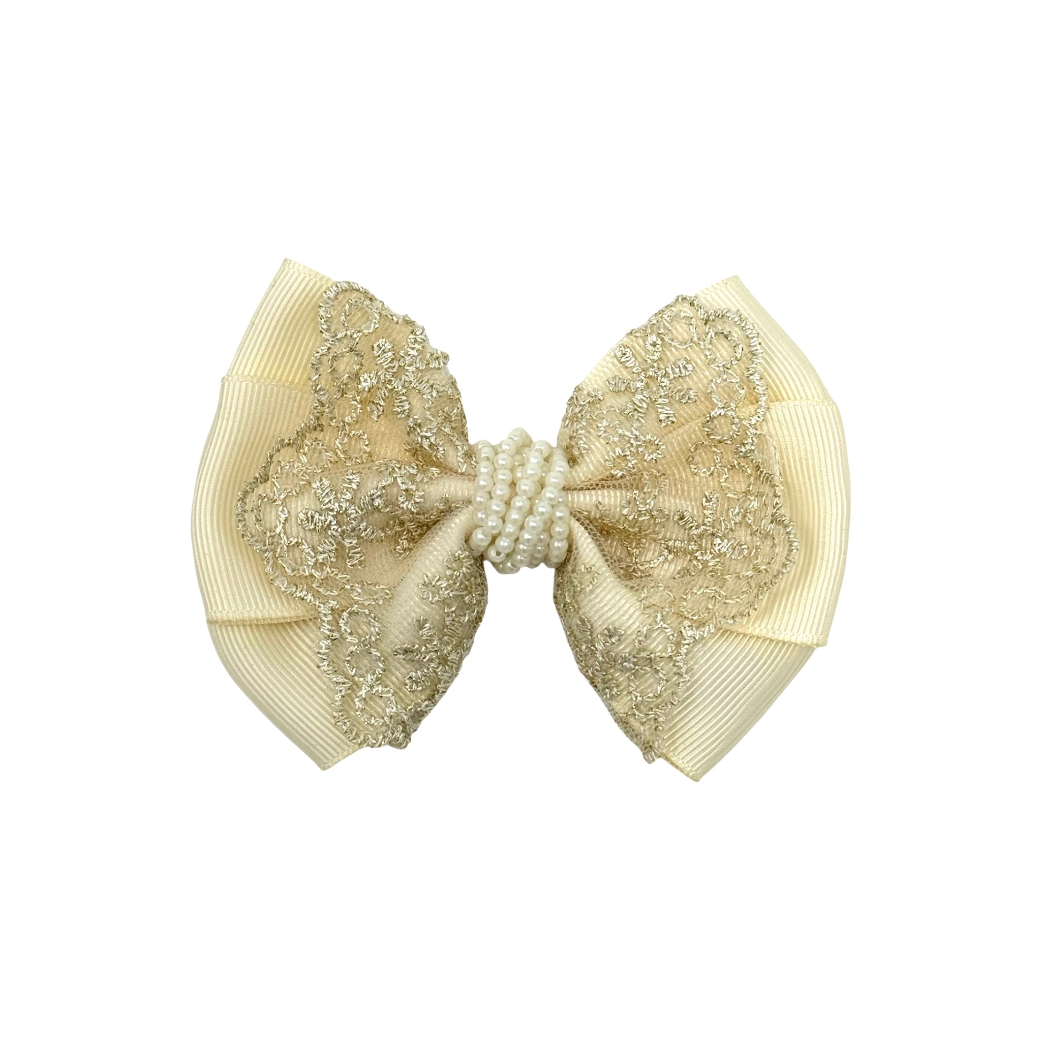 Oversized bow with gold lace and pearls