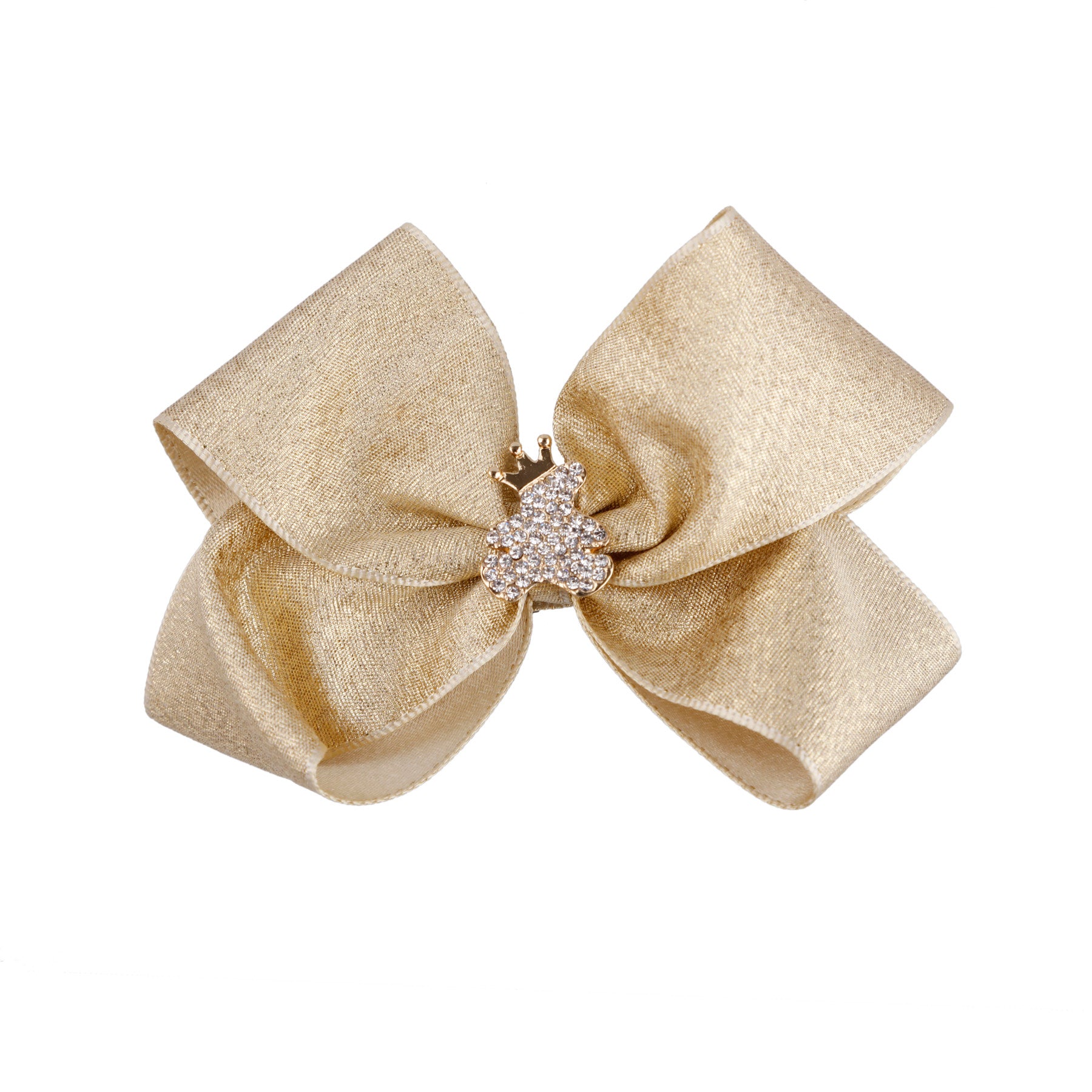 Large double shimmery satin bow with gold teddy rhinestone on a alligator clip.