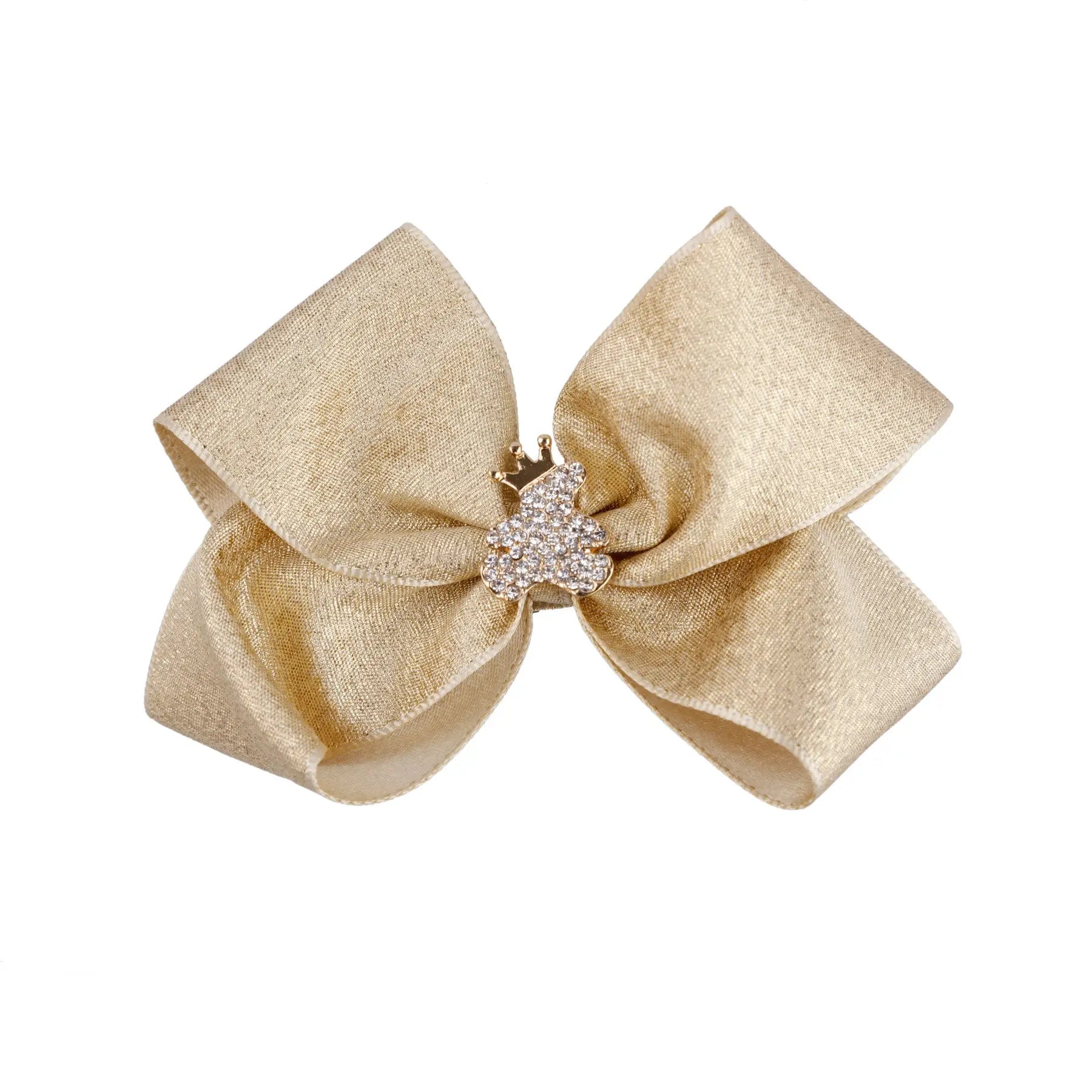 Large double shimmery satin bow with gold teddy rhinestone on a alligator clip. Cute Cute