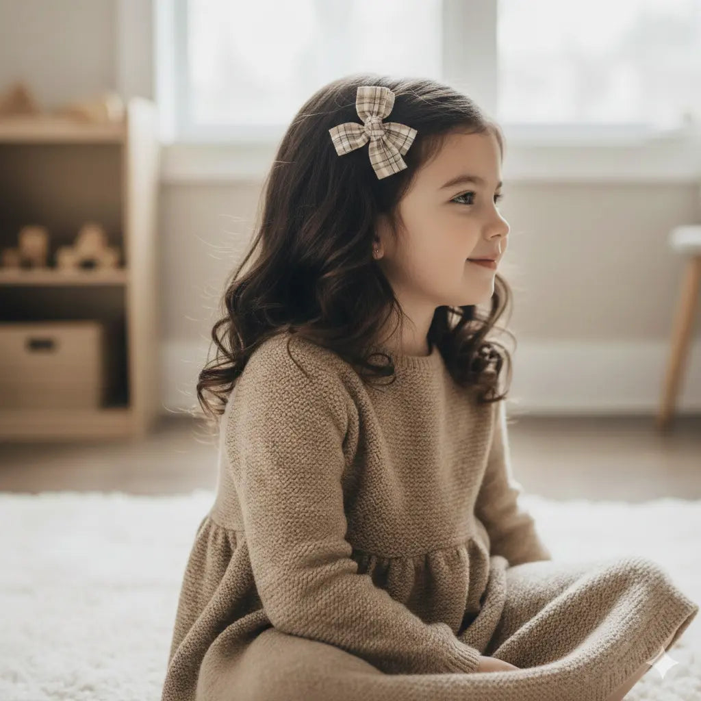 Brown and beige checked fabric bow Cute Cute