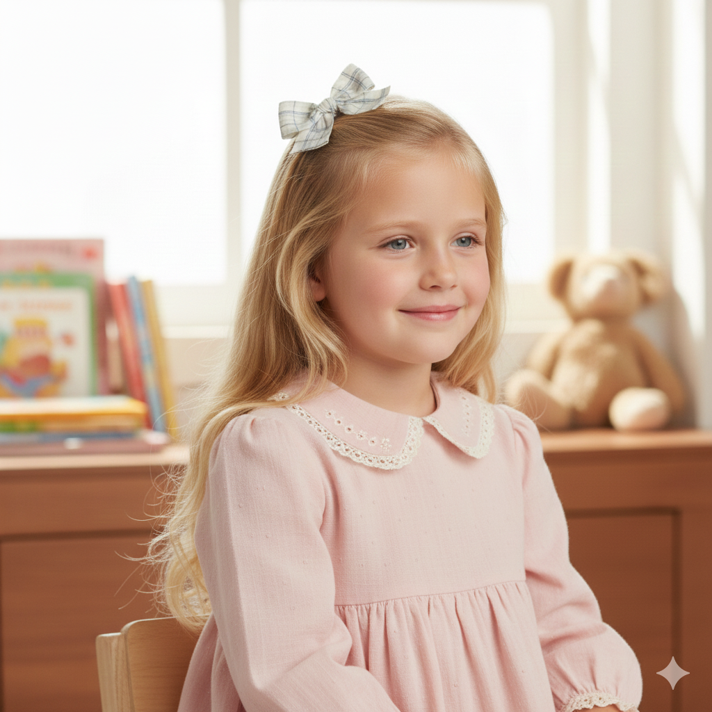 Ivory and blue checked fabric bow