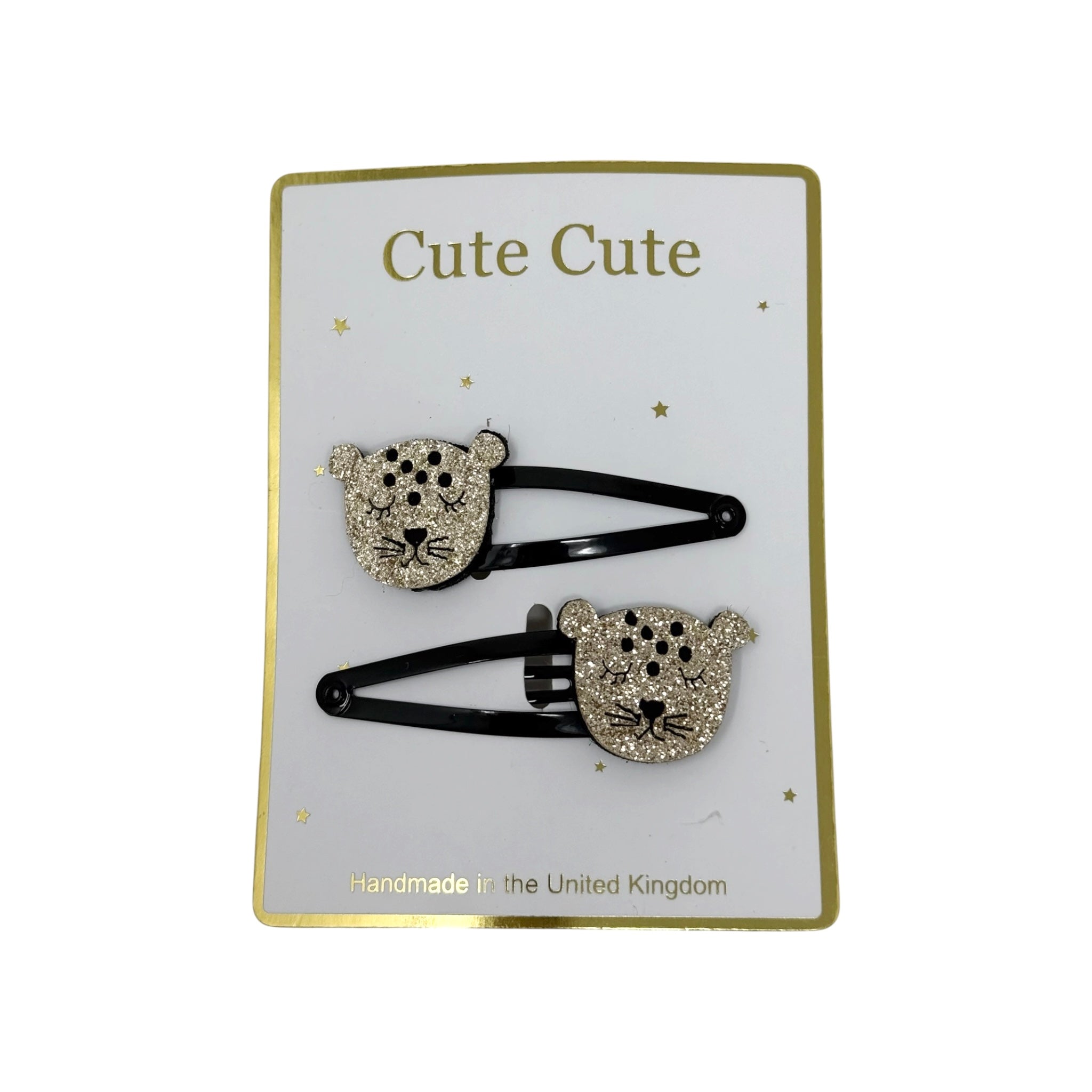 Set of two glitter gold leopards on snap clips