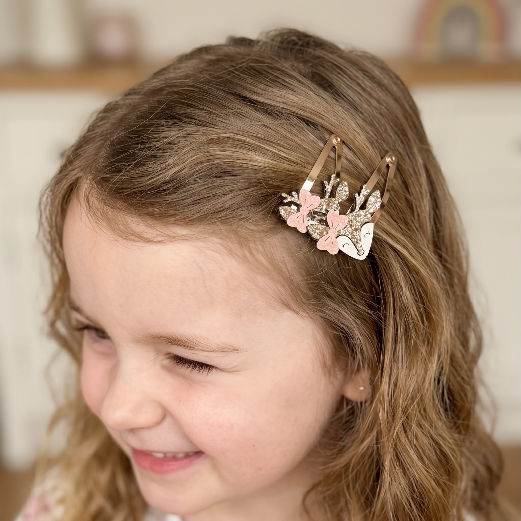 Set of two glitter deers on snap clips