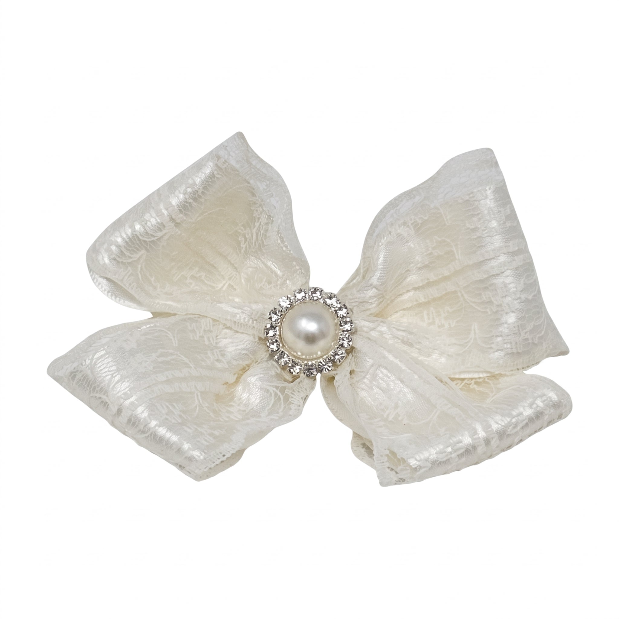 Large double bow with lace and pearl rhinestone on a clip