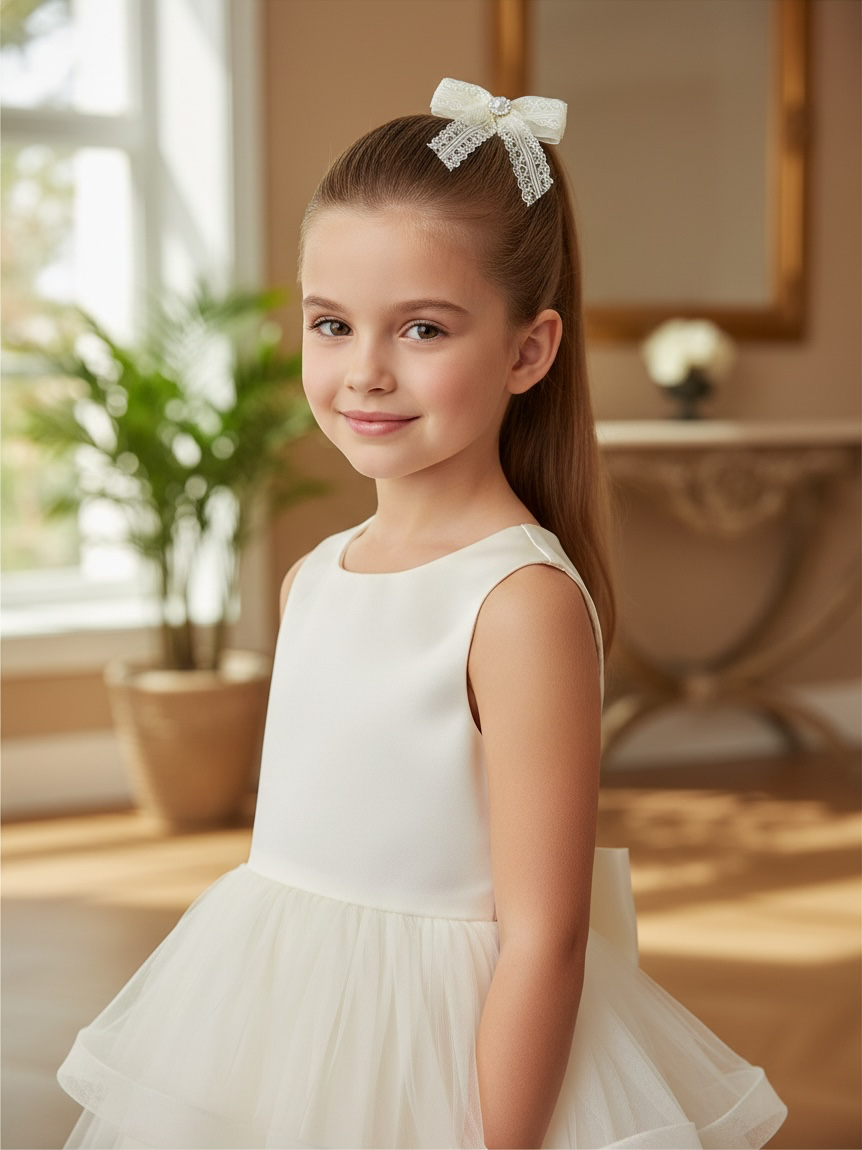 Ivory lace bow with long tails on a clip