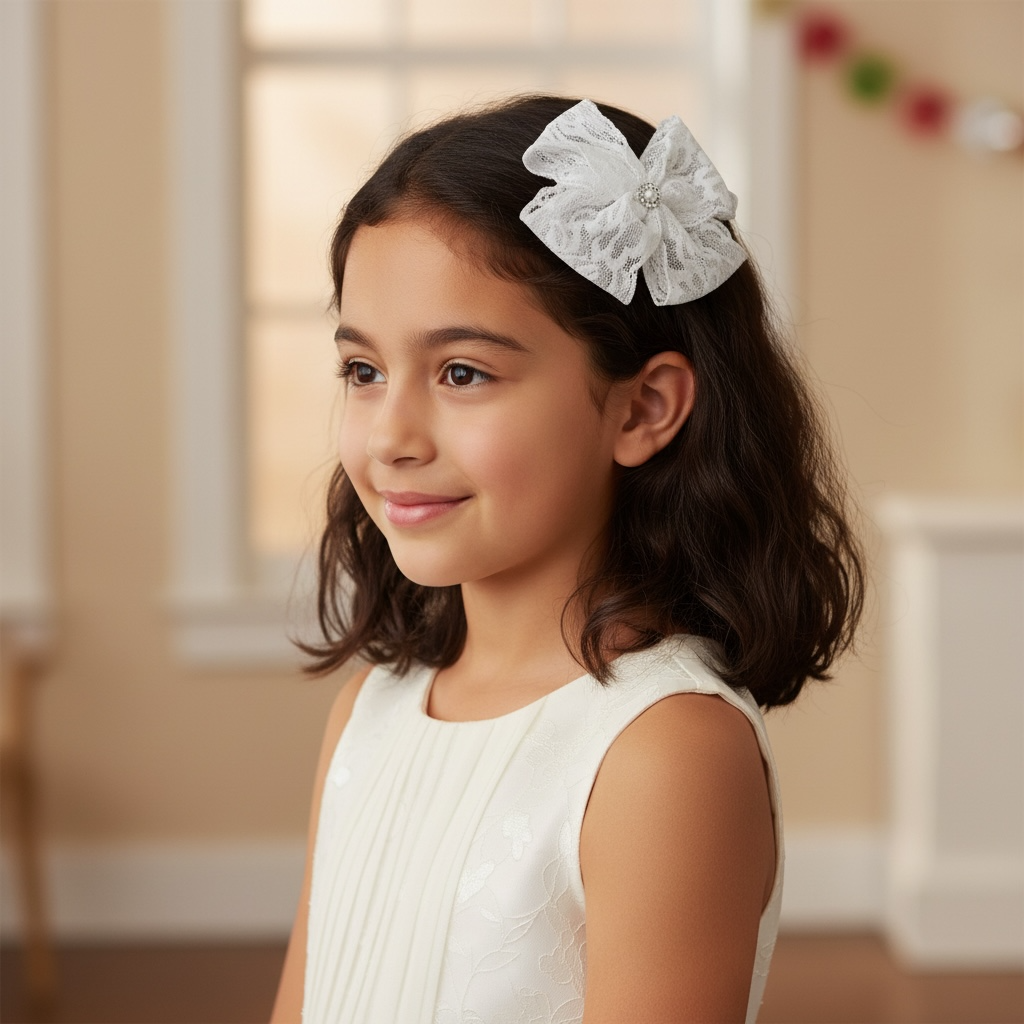 Large lace bow with rhinestone on a clip