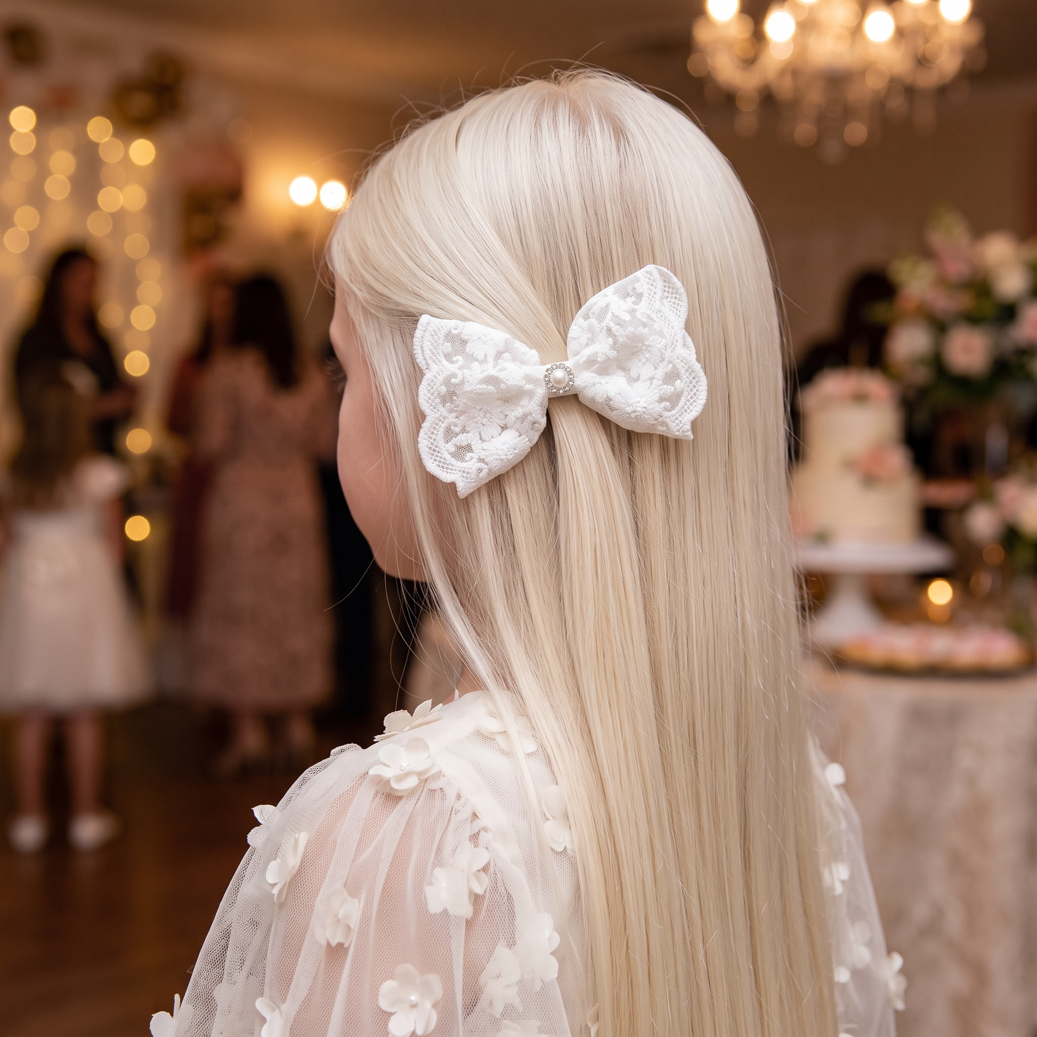 Lace off white bow with a faux pearl and rhinestone button on a clip