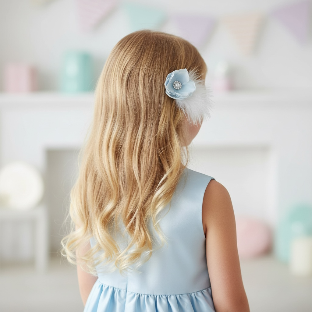 Blue flower with feather and rhinestone on a clip
