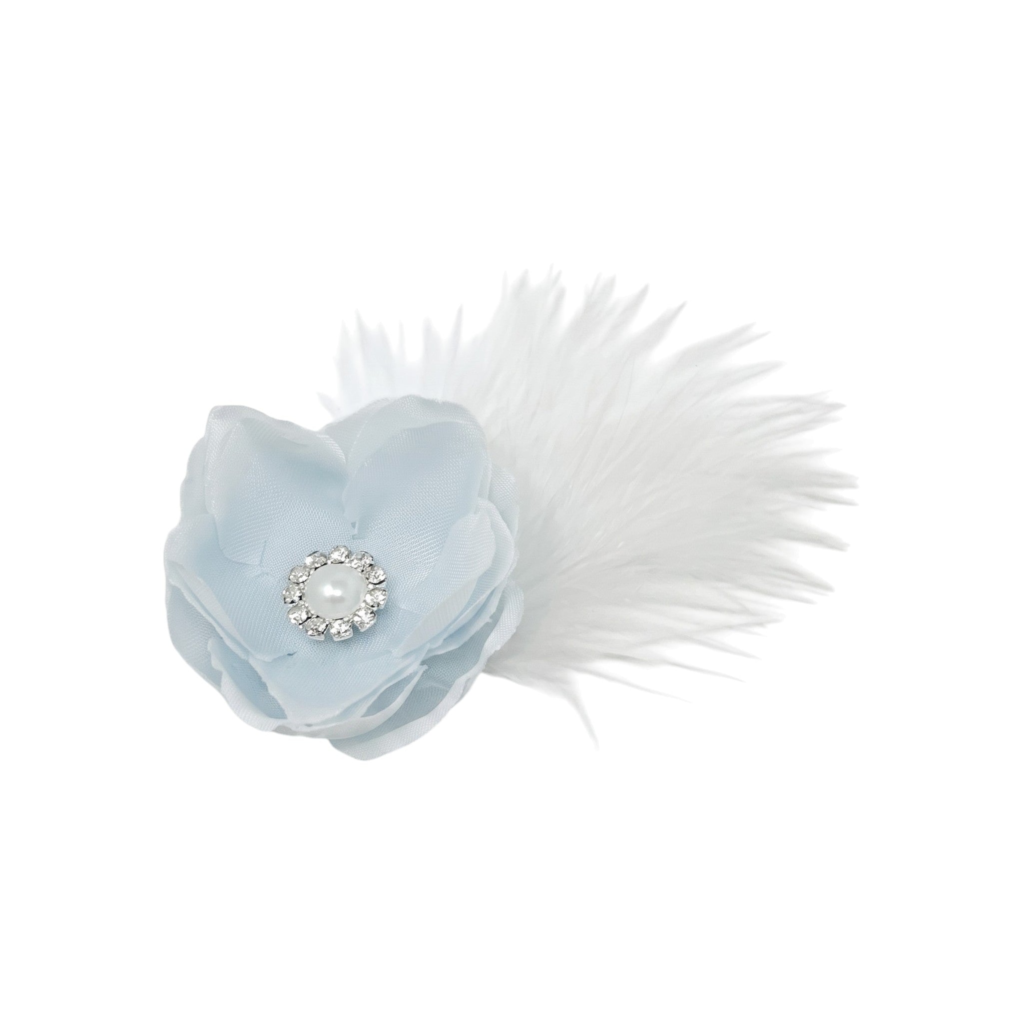 Blue flower with feather and rhinestone on a clip