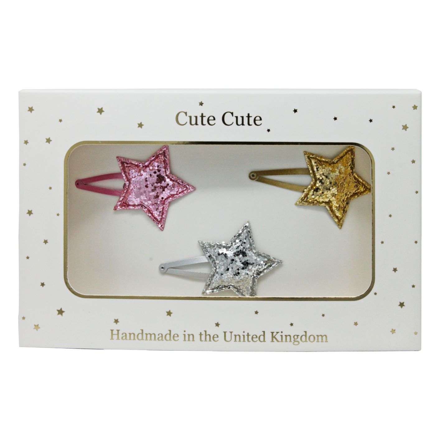 Set of three glitter stars on snap clips in a gold gift box