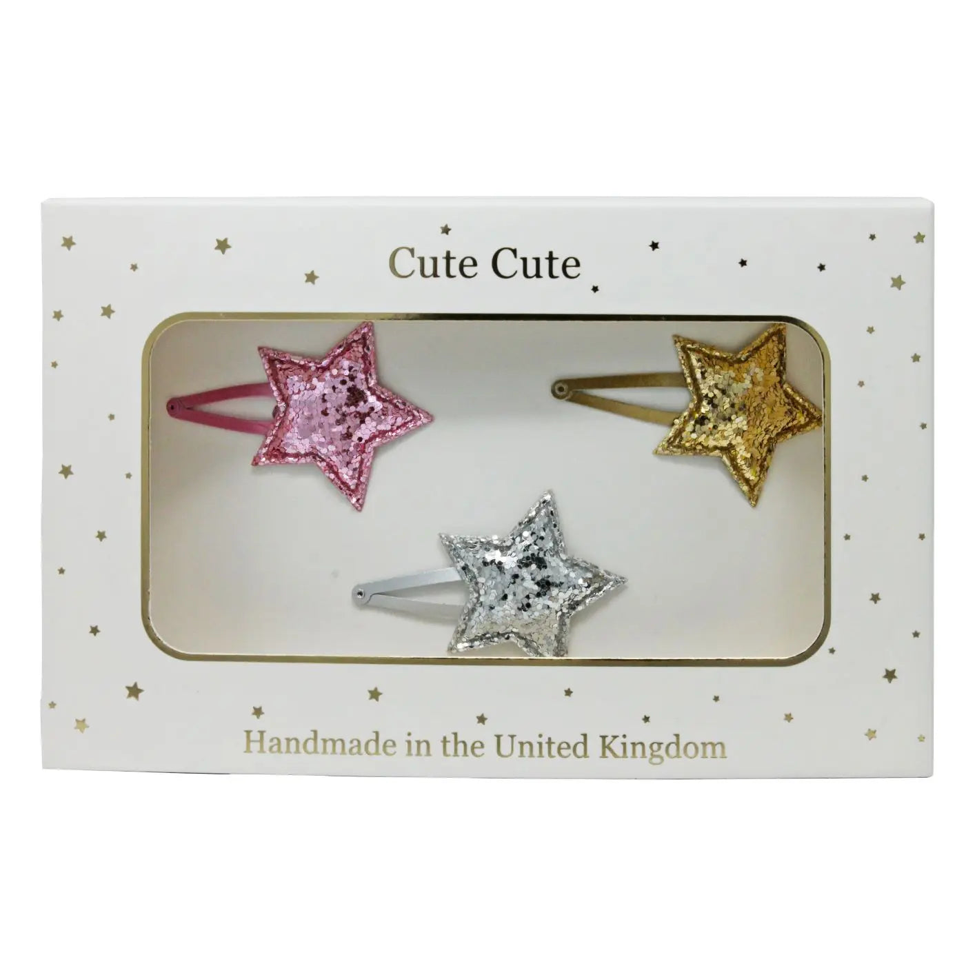Set of three glitter stars on snap clips in a gold gift box Cute Cute