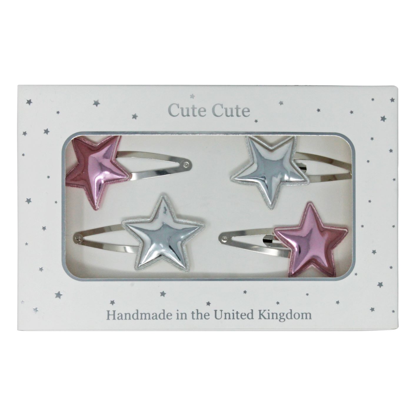 Silver and pink metallic star set of snap clips in a silver gift box