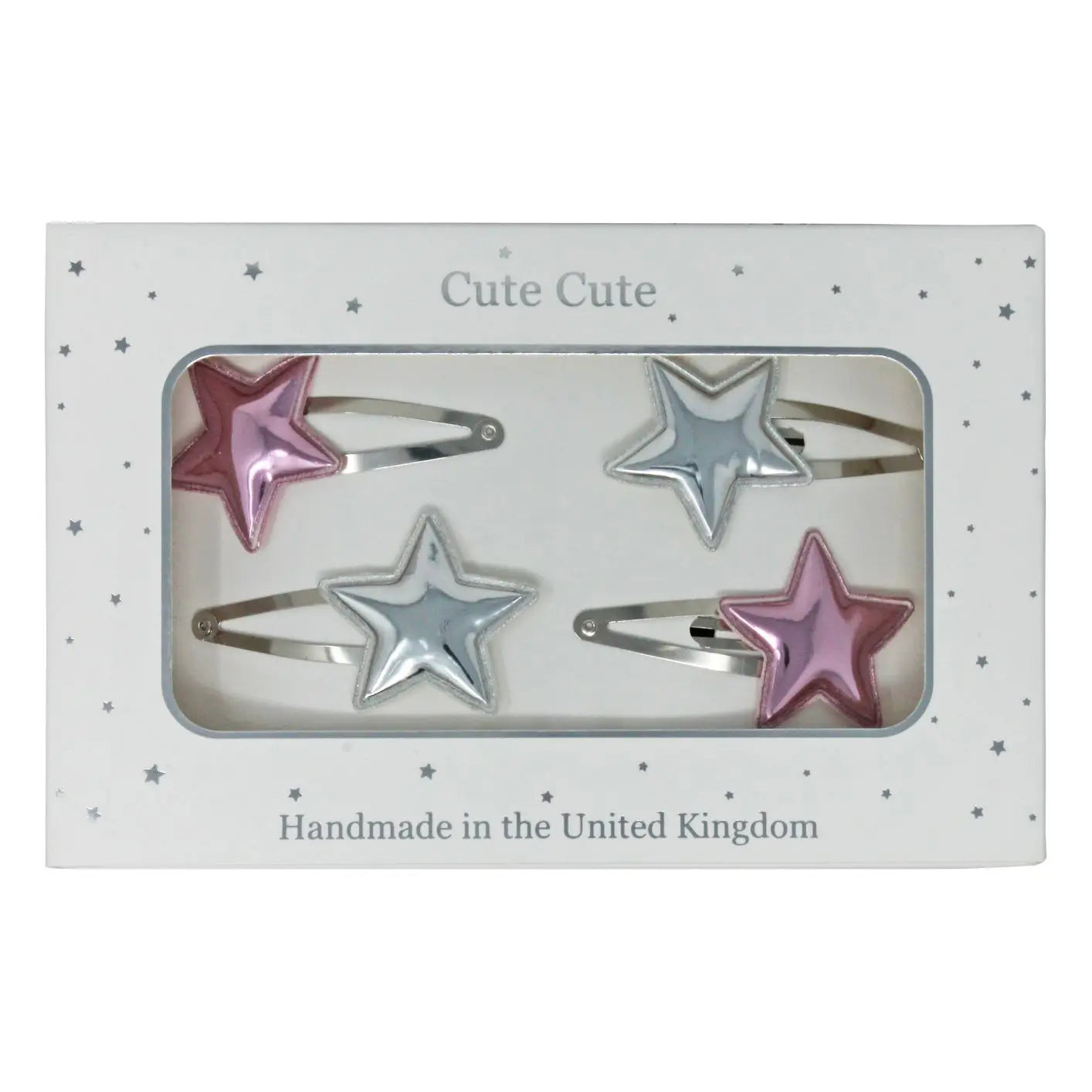 Silver and pink metallic star set of snap clips in a silver gift box Cute Cute