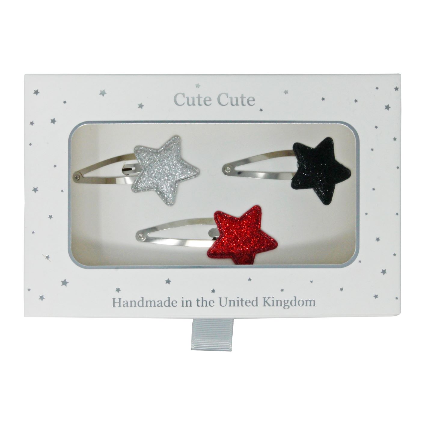 Silver, red and black snap glitter stars in a silver gift box