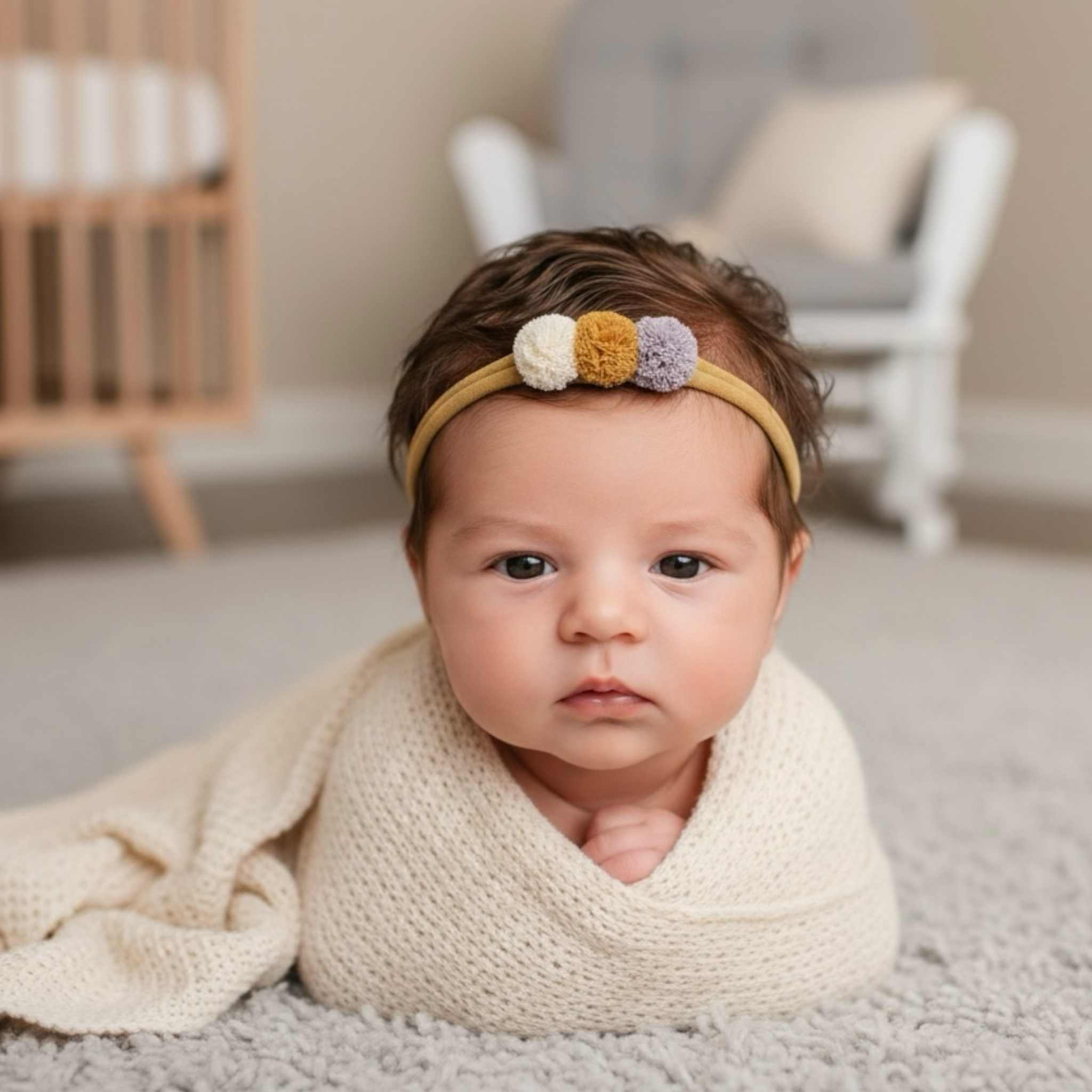 Pom poms in mustard on a headband