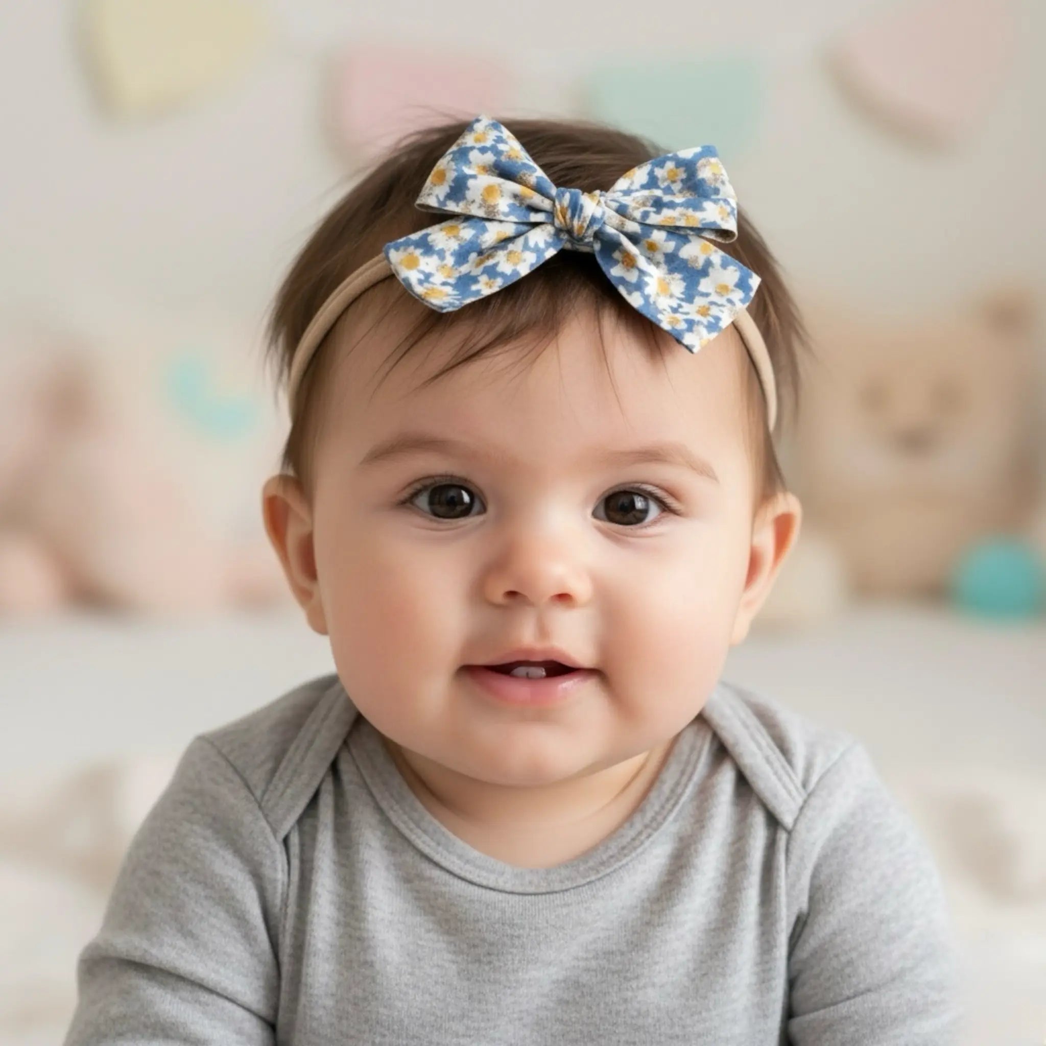 Blue and yellow floral fabric bow on a headband Cute Cute