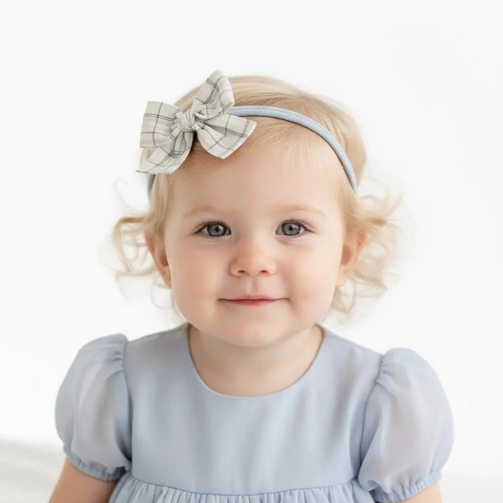 Blue checked bow fabric bow on a headband Cute Cute