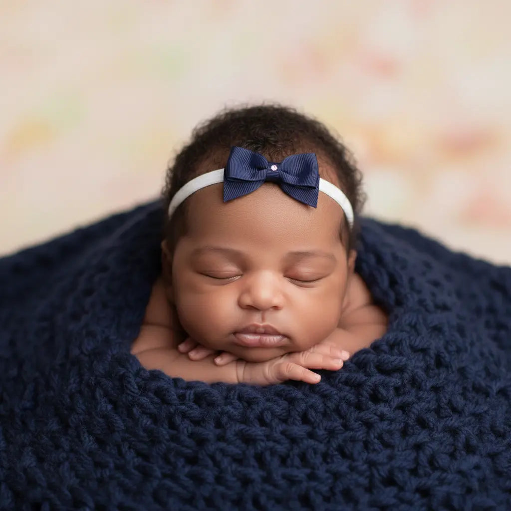Small navy bow with tails on a soft elastic headband Cute Cute