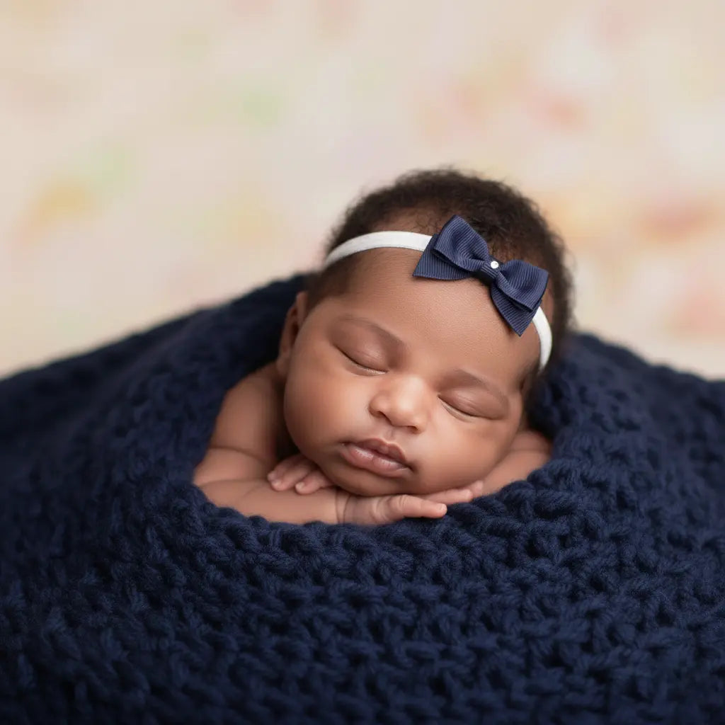 Small navy bow with tails on a soft elastic headband Cute Cute