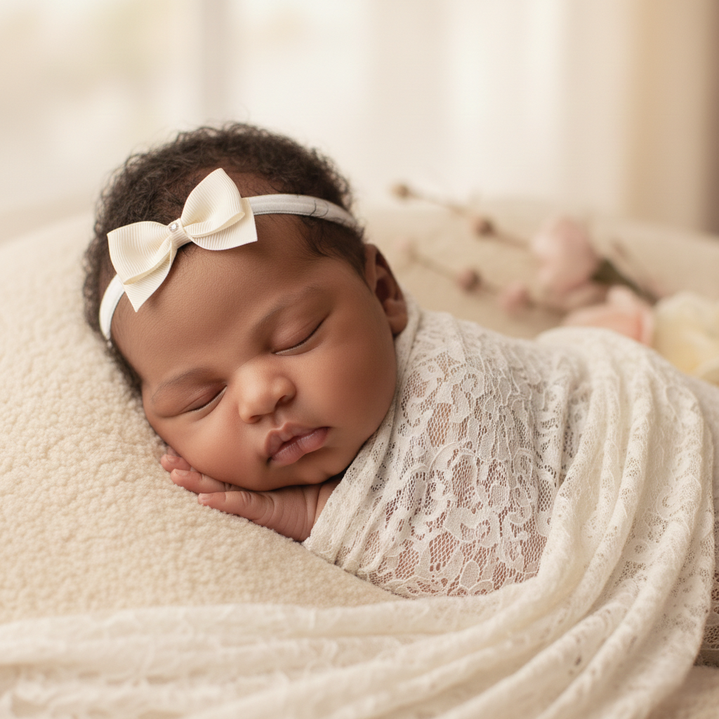 Small ivory bow with tails on a soft elastic headband