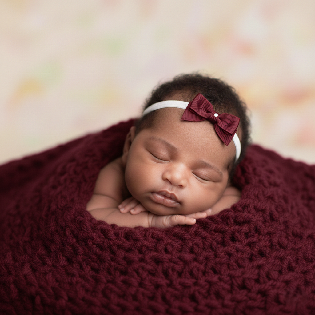 Small burgundy bow with tails on a soft elastic headband