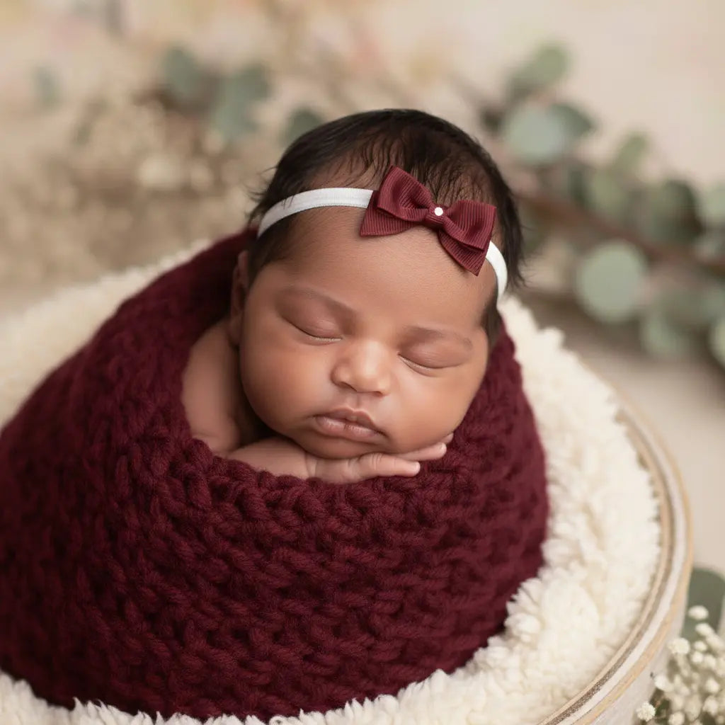 Small burgundy bow with tails on a soft elastic headband Cute Cute
