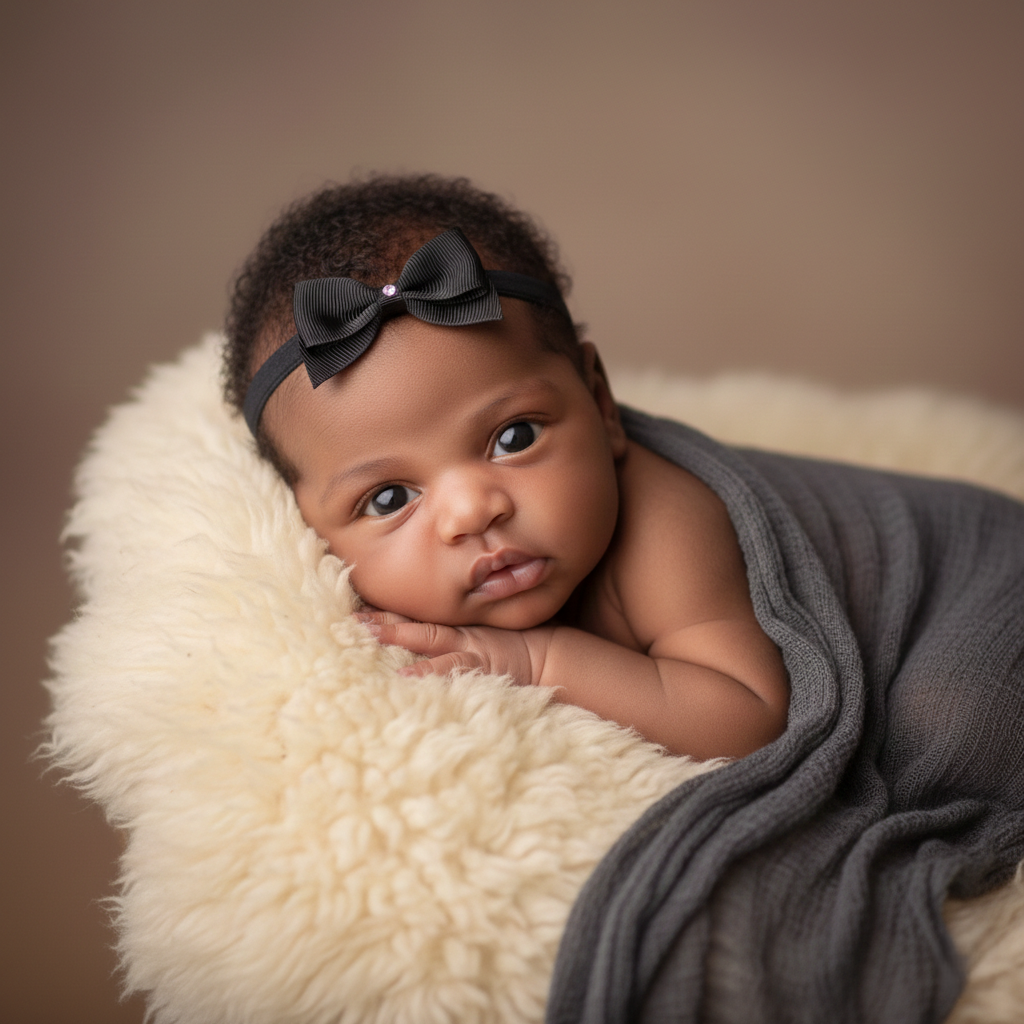 Small black bow with tails on a soft elastic headband