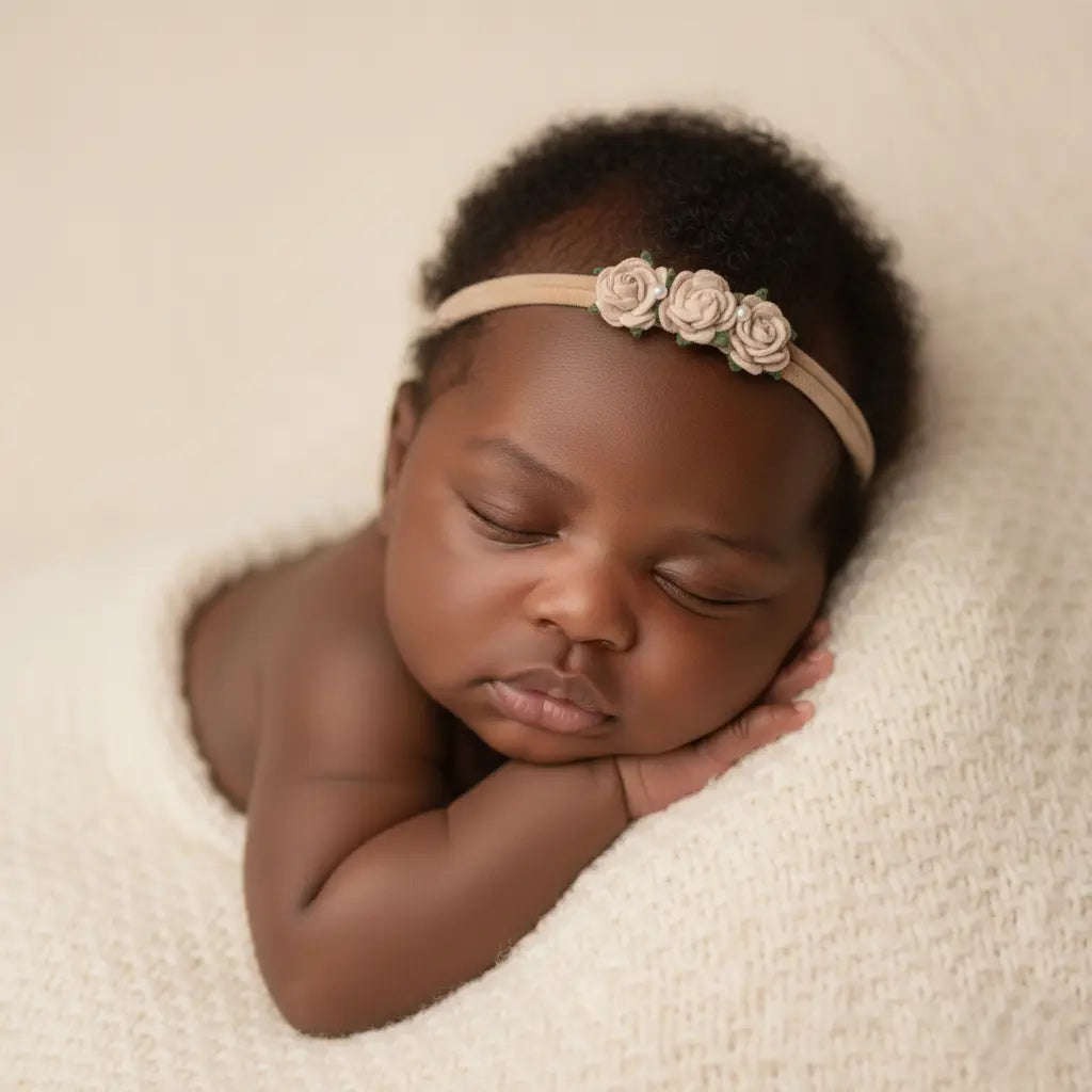 Nude elastic headband with three mulberry roses in brown Cute Cute