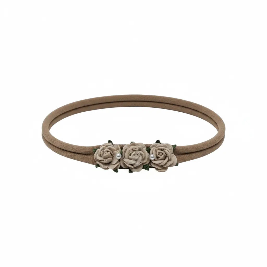 Nude elastic headband with three mulberry roses in brown Cute Cute
