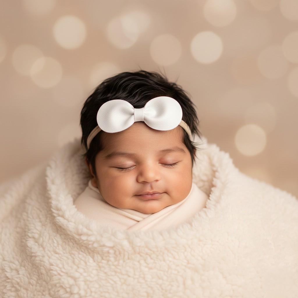 Faux leather off white bow on a nude elastic headband