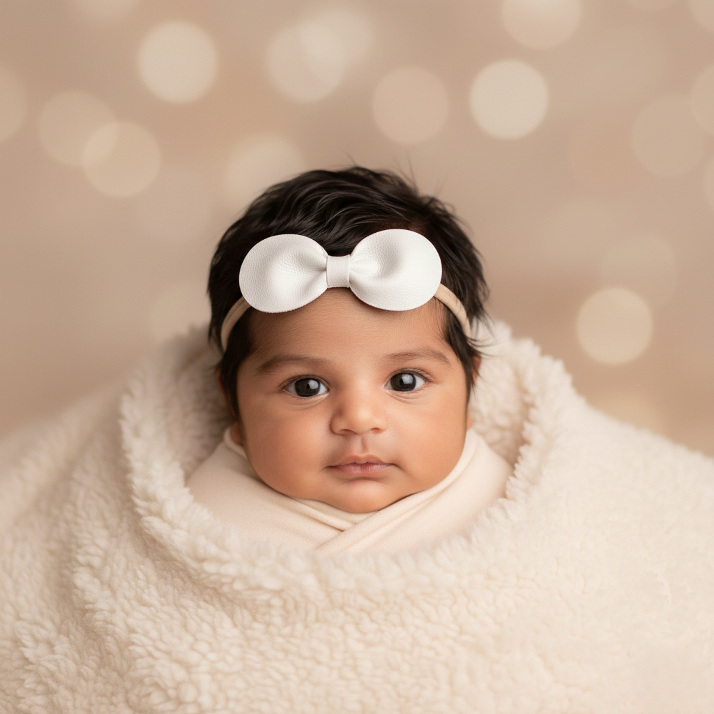 Faux leather off white bow on a nude elastic headband