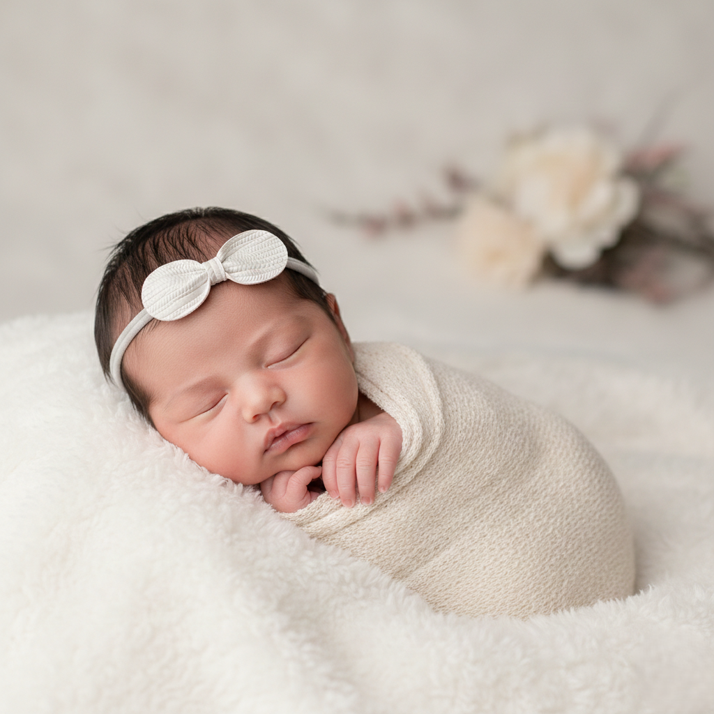 Faux leather textured off white bow on a gray elastic headband