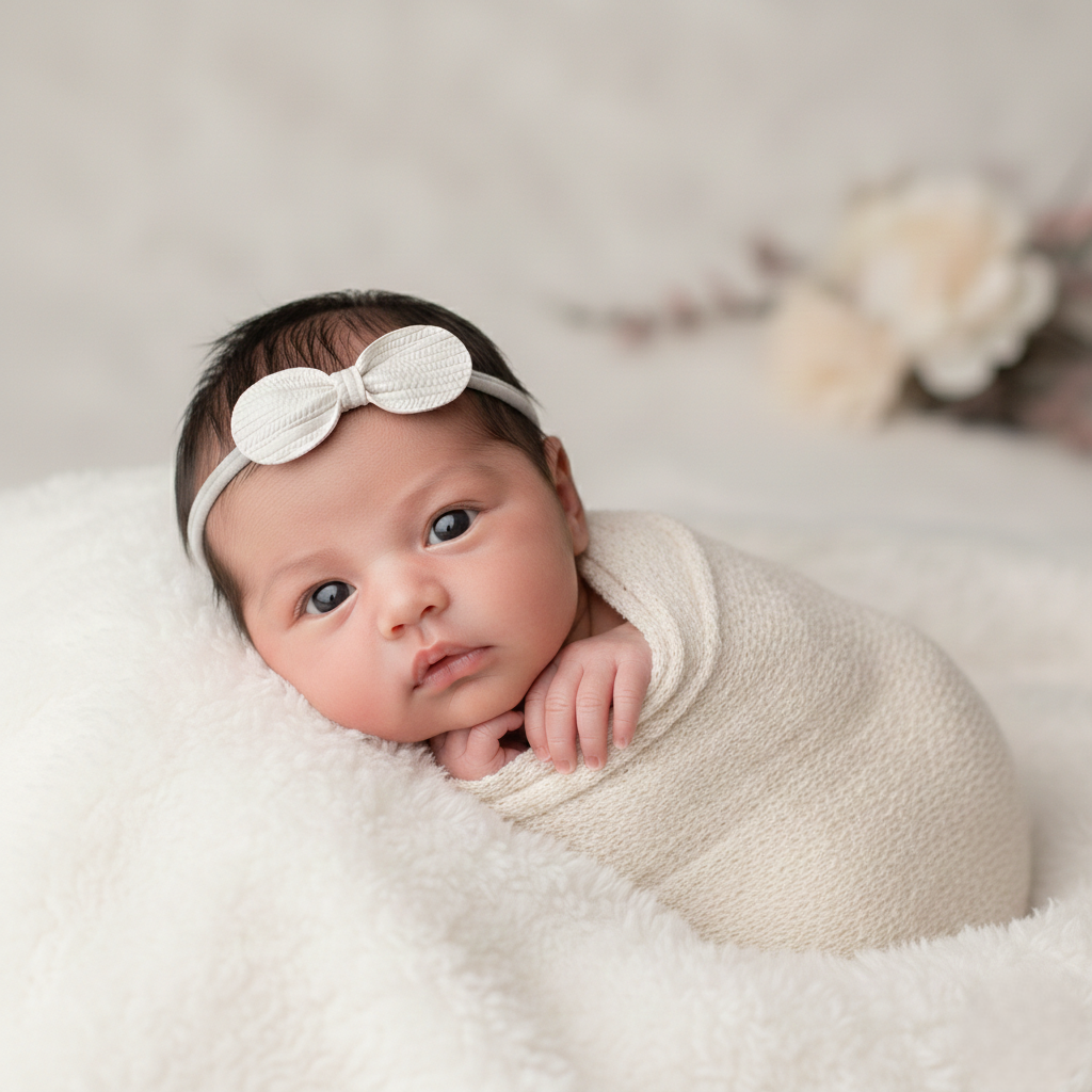 Faux leather textured off white bow on a gray elastic headband