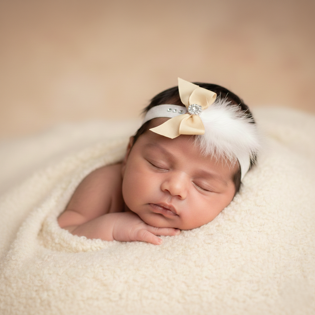Grosgrain bow with off white feather with rhinestone on a headband