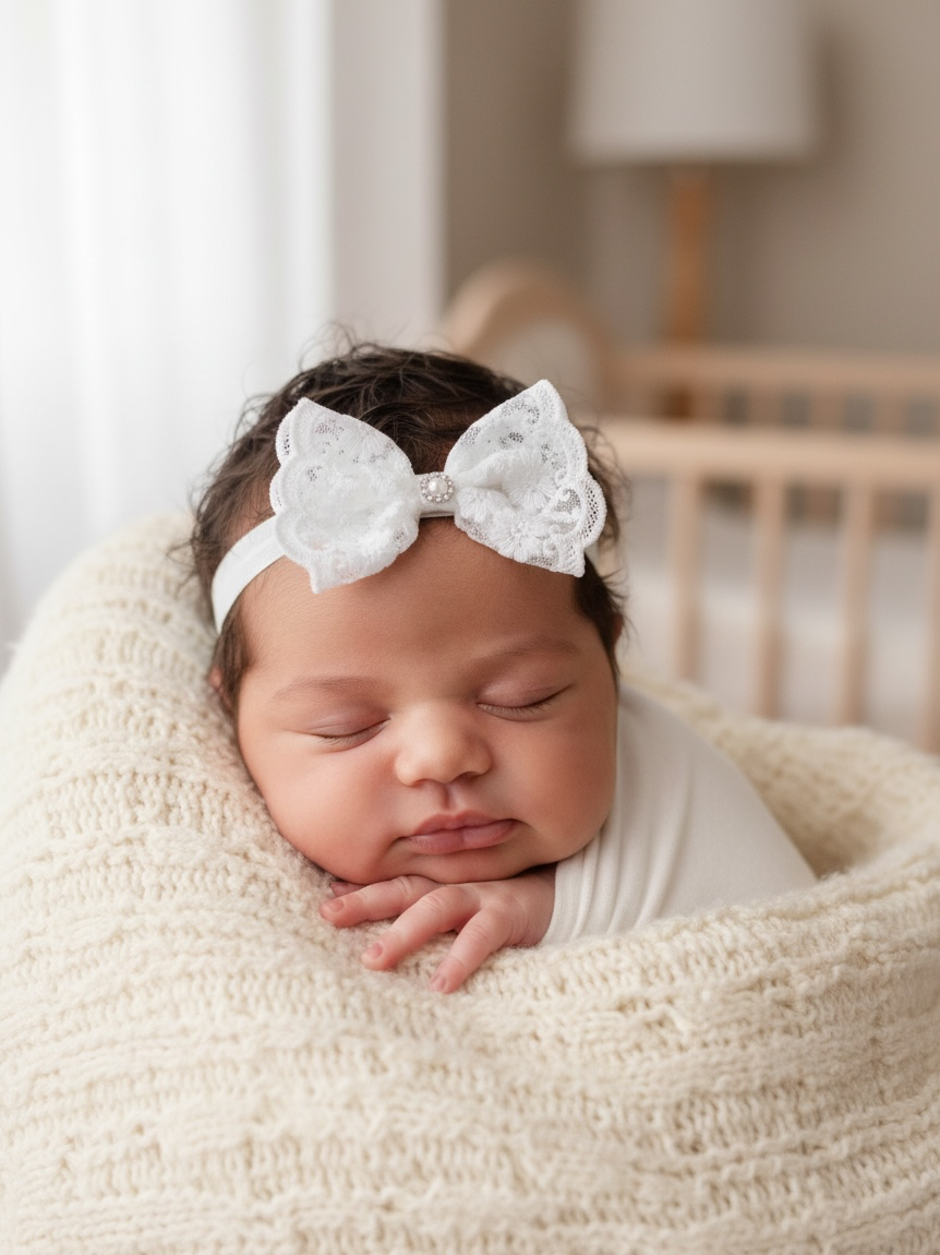 Lace off white bow with rhinestone on a soft headband