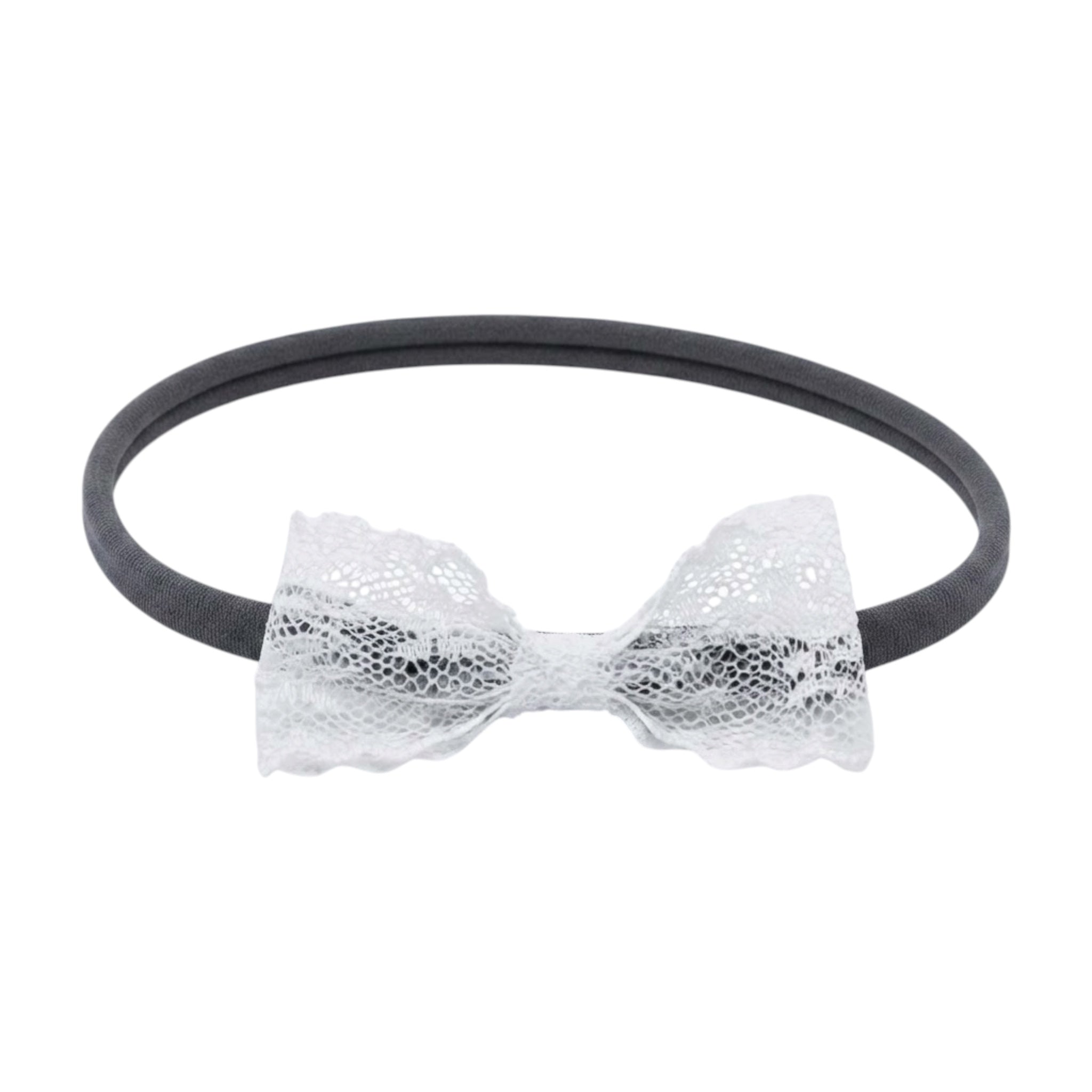 Small lace bow on a skinny soft nylon headband
