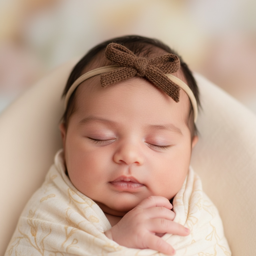 Woolen brown bow on a skinny soft nylon headband