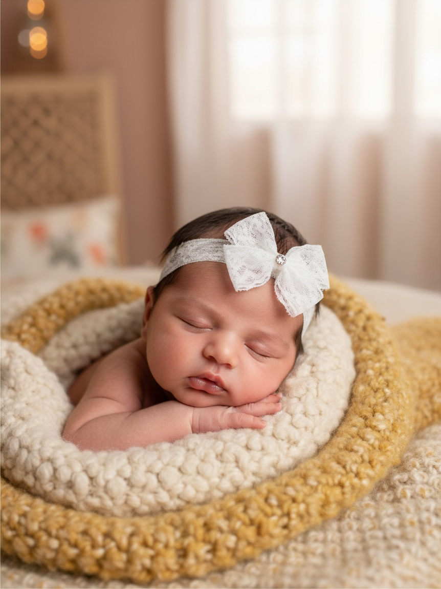 Off white lace bow with gold rhinestone on a soft lace headband