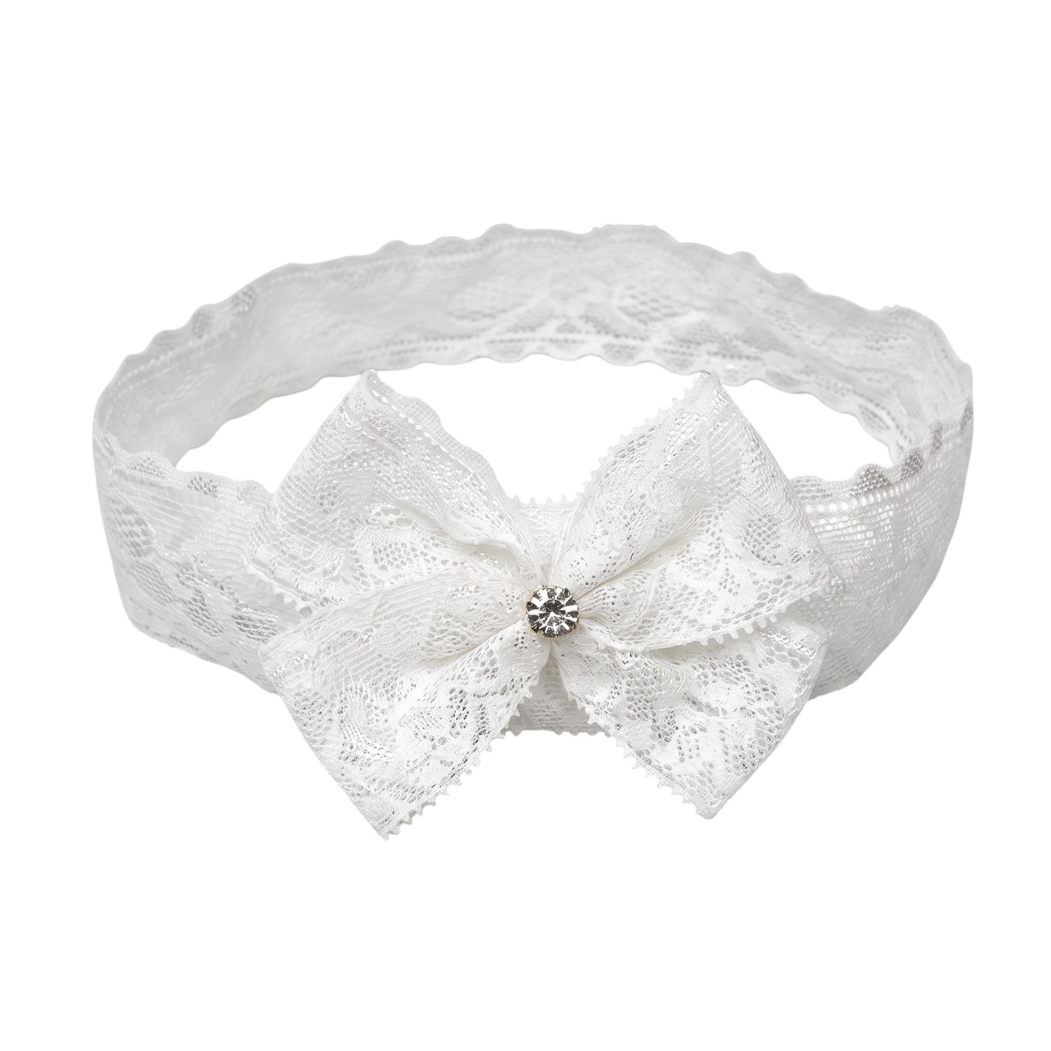 Off white lace bow with gold rhinestone on a soft lace headband