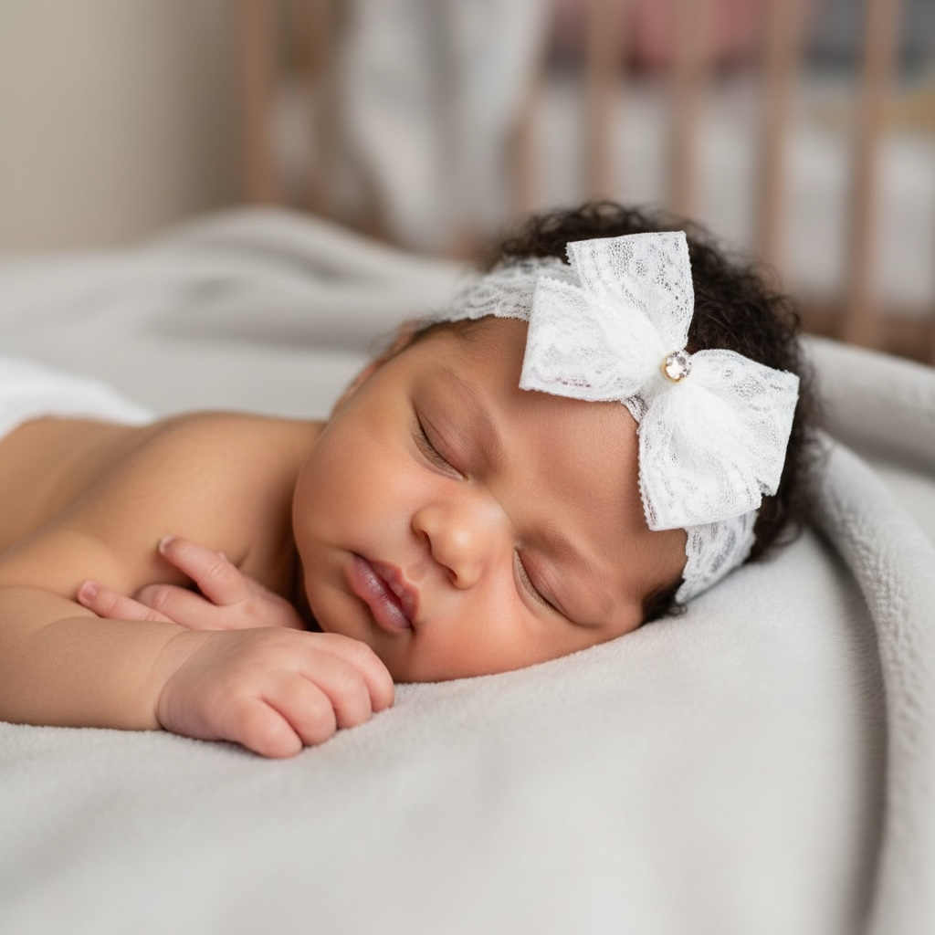 Off white lace bow with gold rhinestone on a soft lace headband