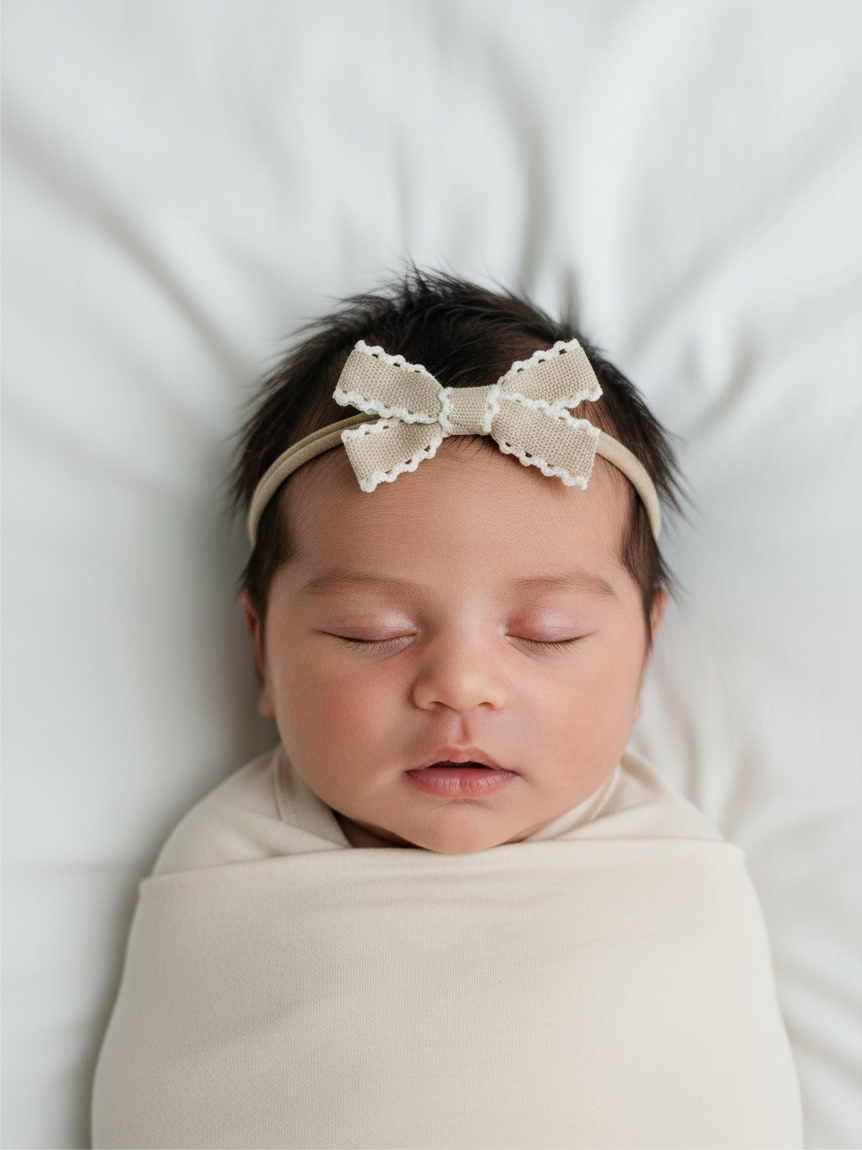 Small scalloped bow on a skinny soft nylon headband