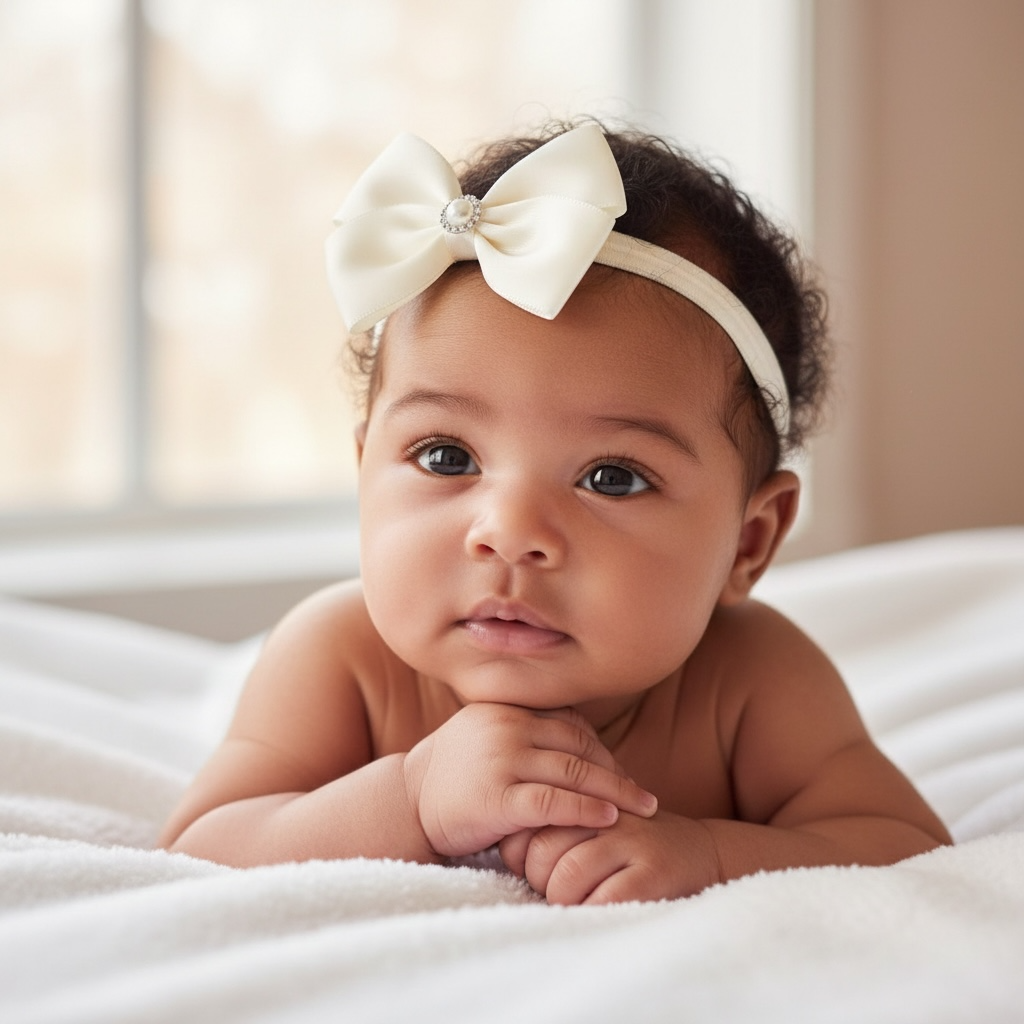 Satin double bow with pearl rhinestone on a soft headband