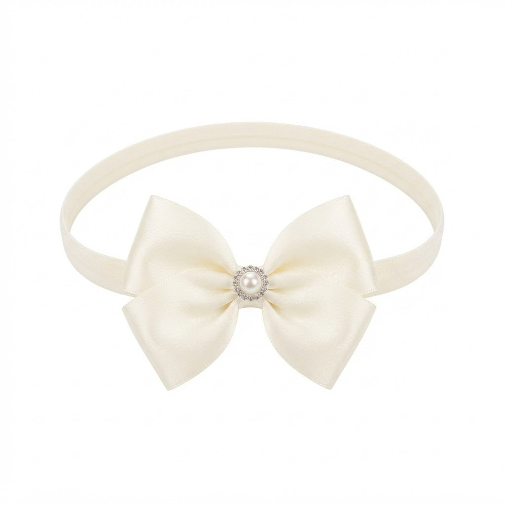 Satin double bow with pearl rhinestone on a soft headband