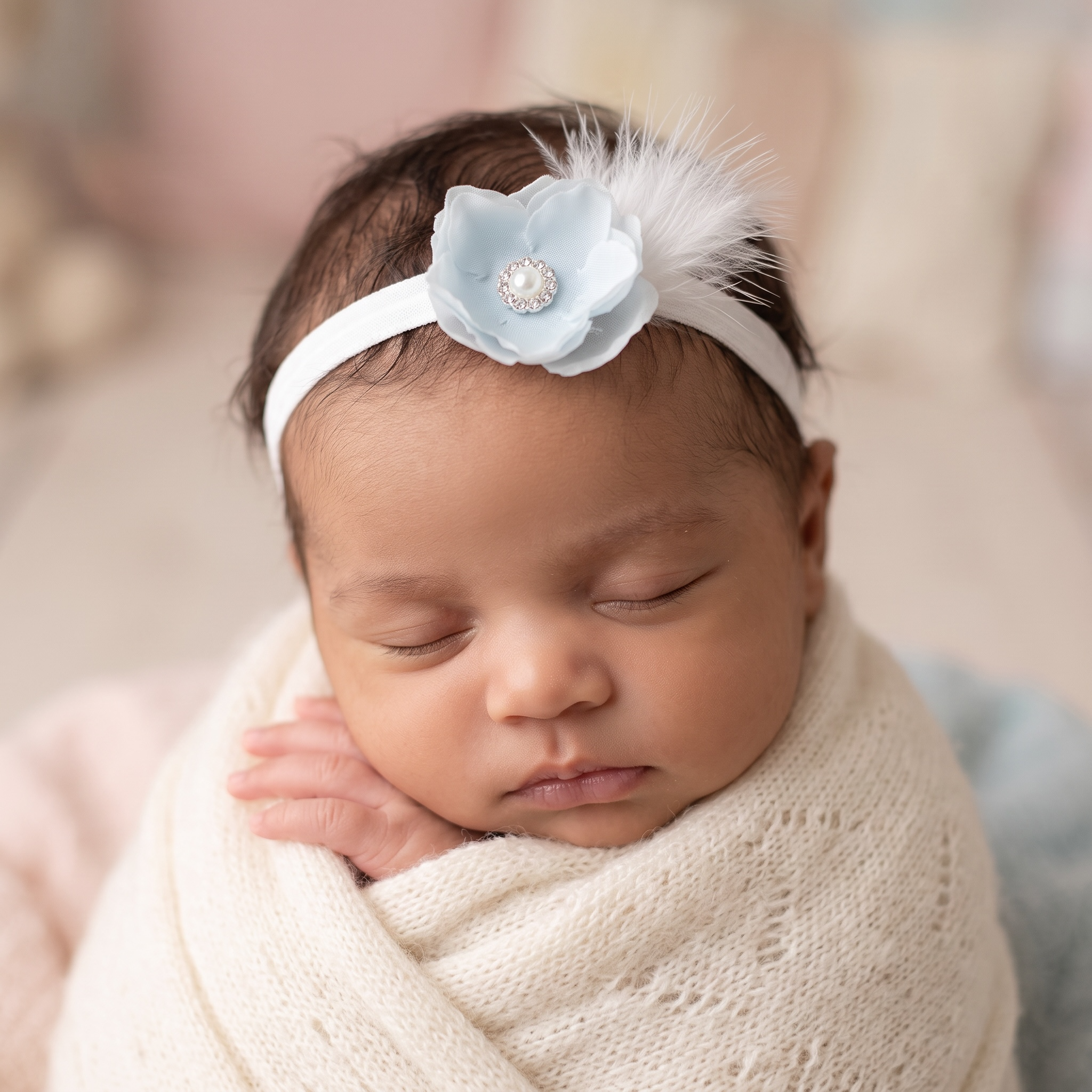Blue flower with feather and rhinestone on a soft headband
