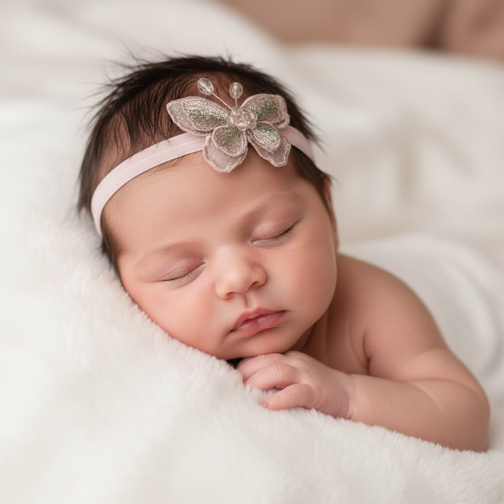 Embroidered butterfly in rose gold with pearls on a soft headband