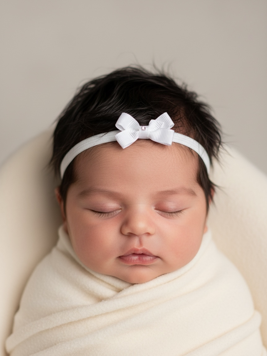 Small white grosgrain bow on a soft elastic headband