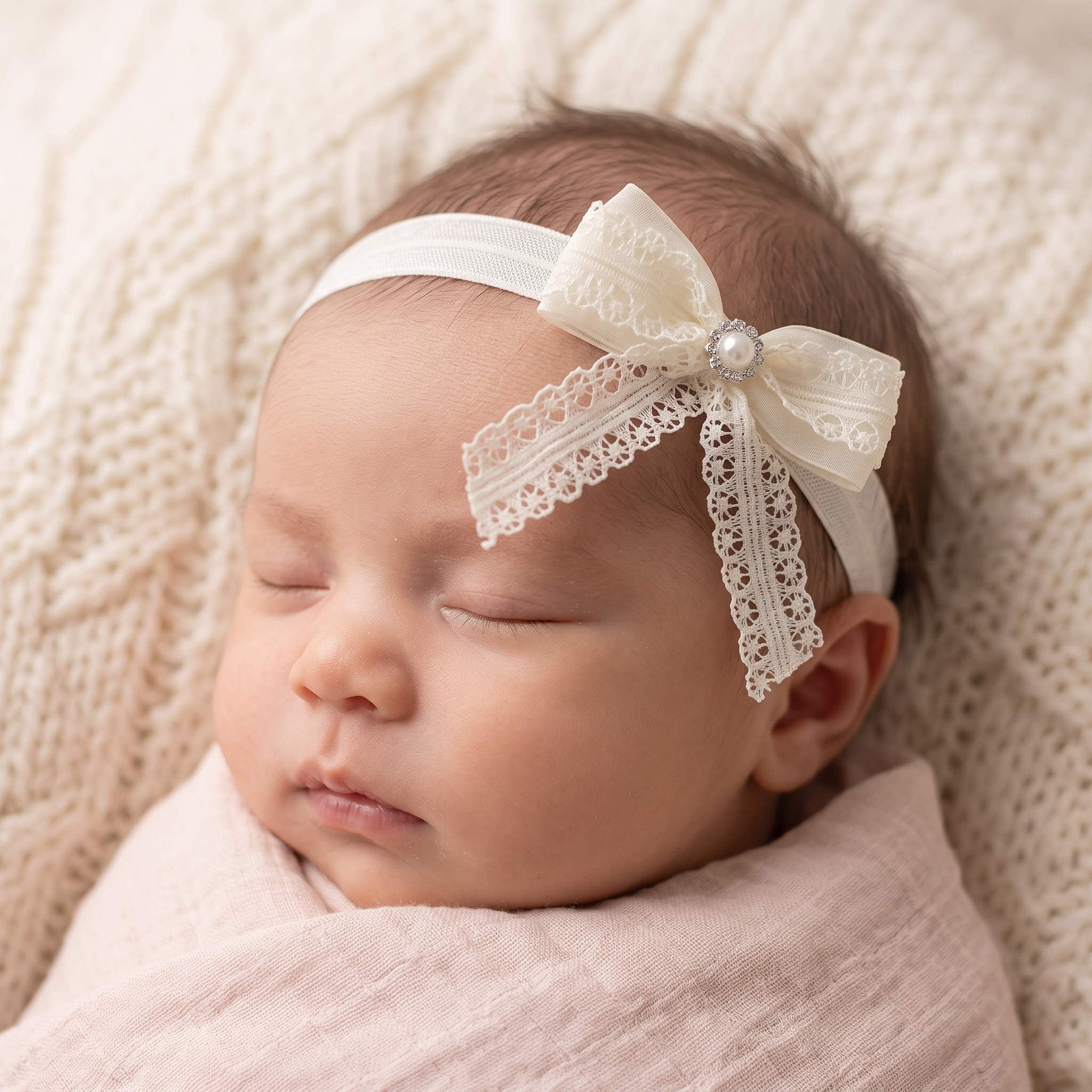 Lace ivory bow with pearl and rhinestone on a headband