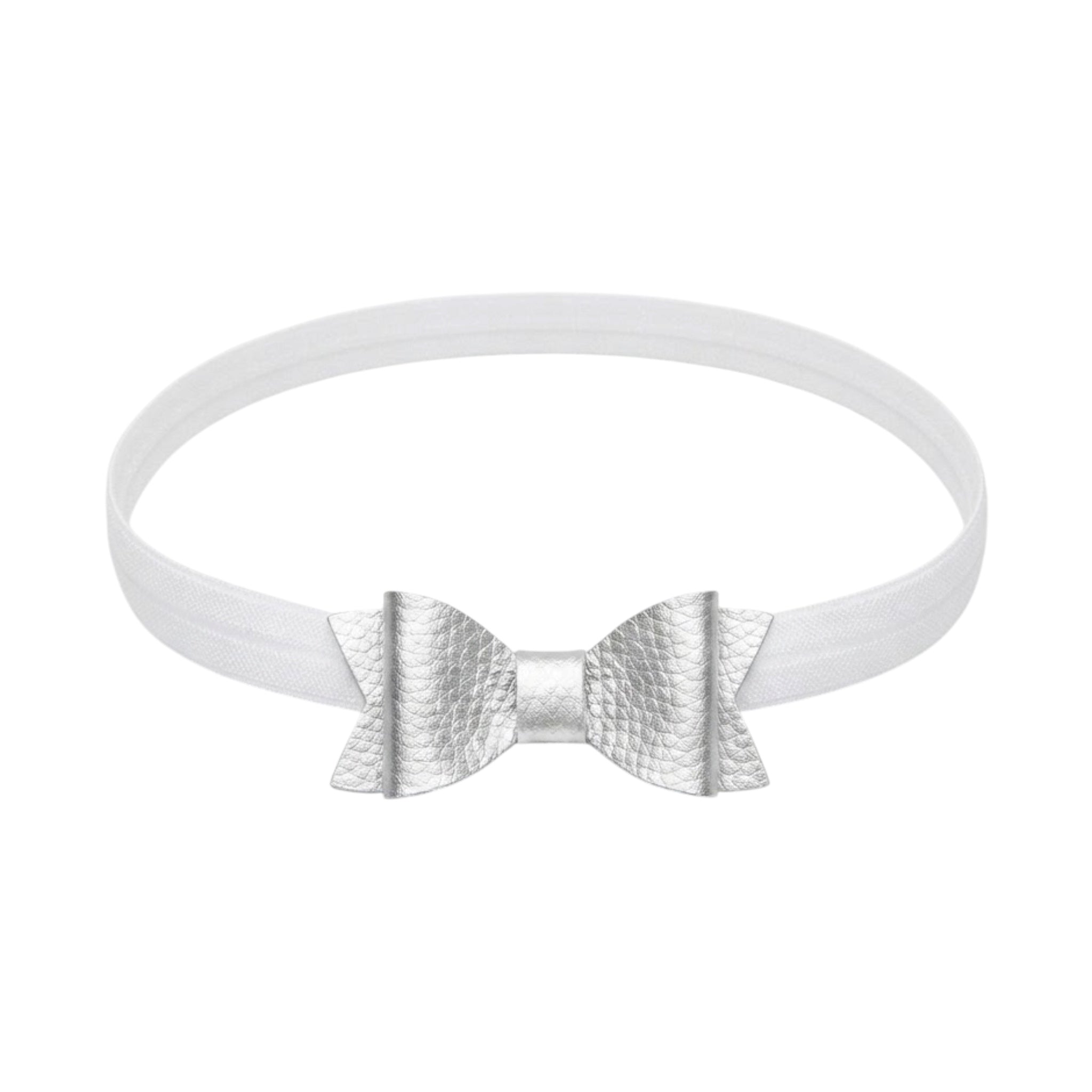 Set of two leatherrete bows on a soft elastic headband.