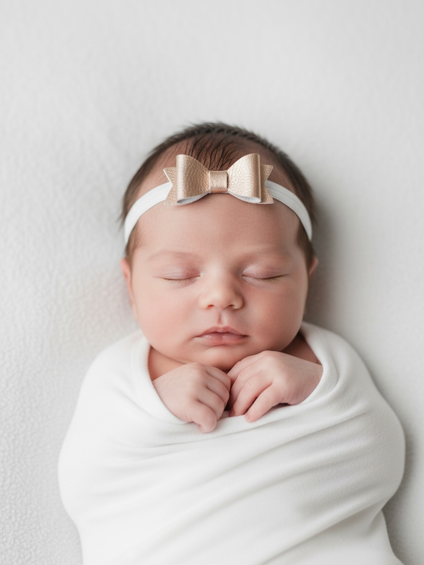Set of two leatherrete bows on a soft elastic headband.