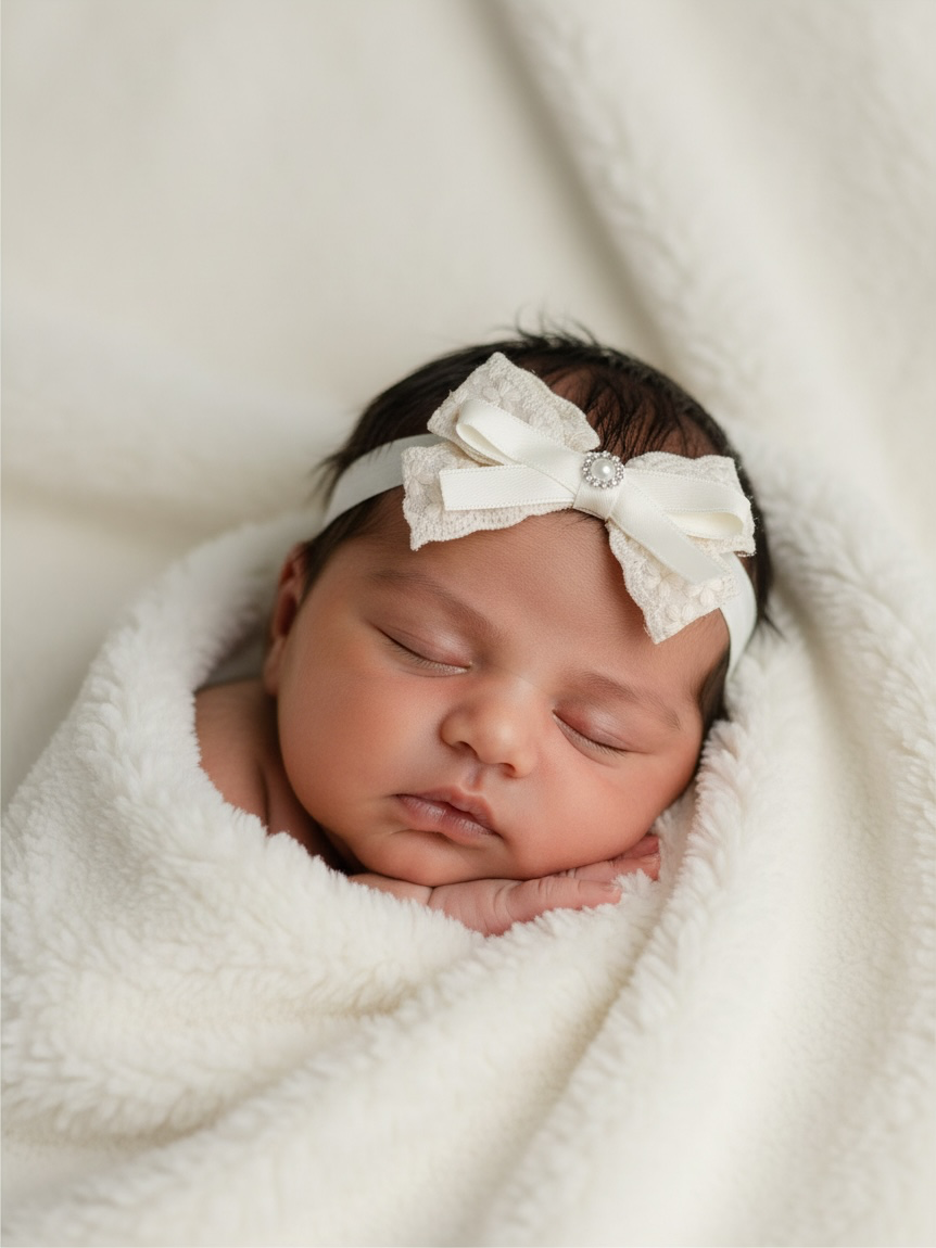 Ivory lace bow with pearl rhinestone on a soft elastic headband.
